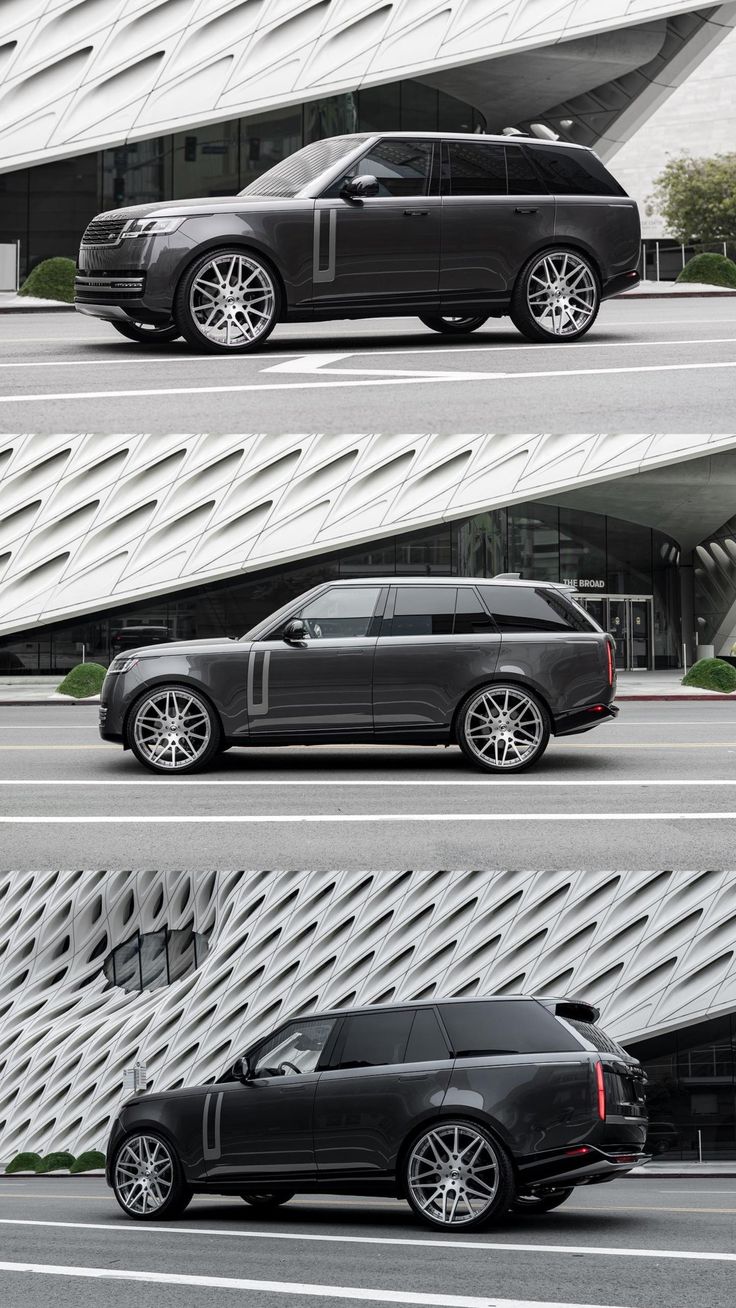 three cars parked in front of a building with wavy lines on the wall behind them