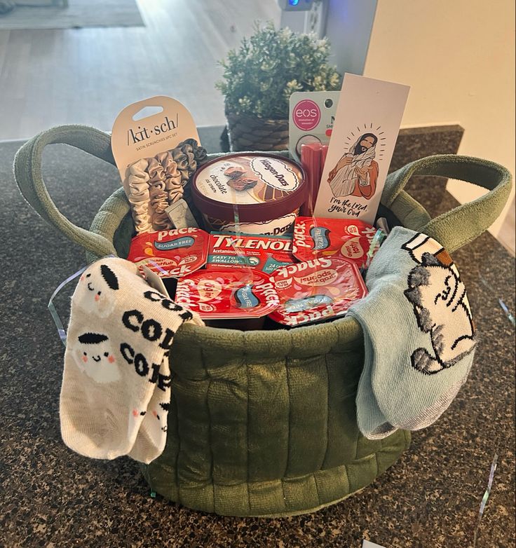 a basket filled with lots of goodies on top of a counter