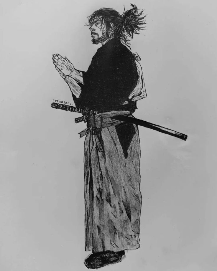 a black and white drawing of a man in kimono with two swords on his shoulder