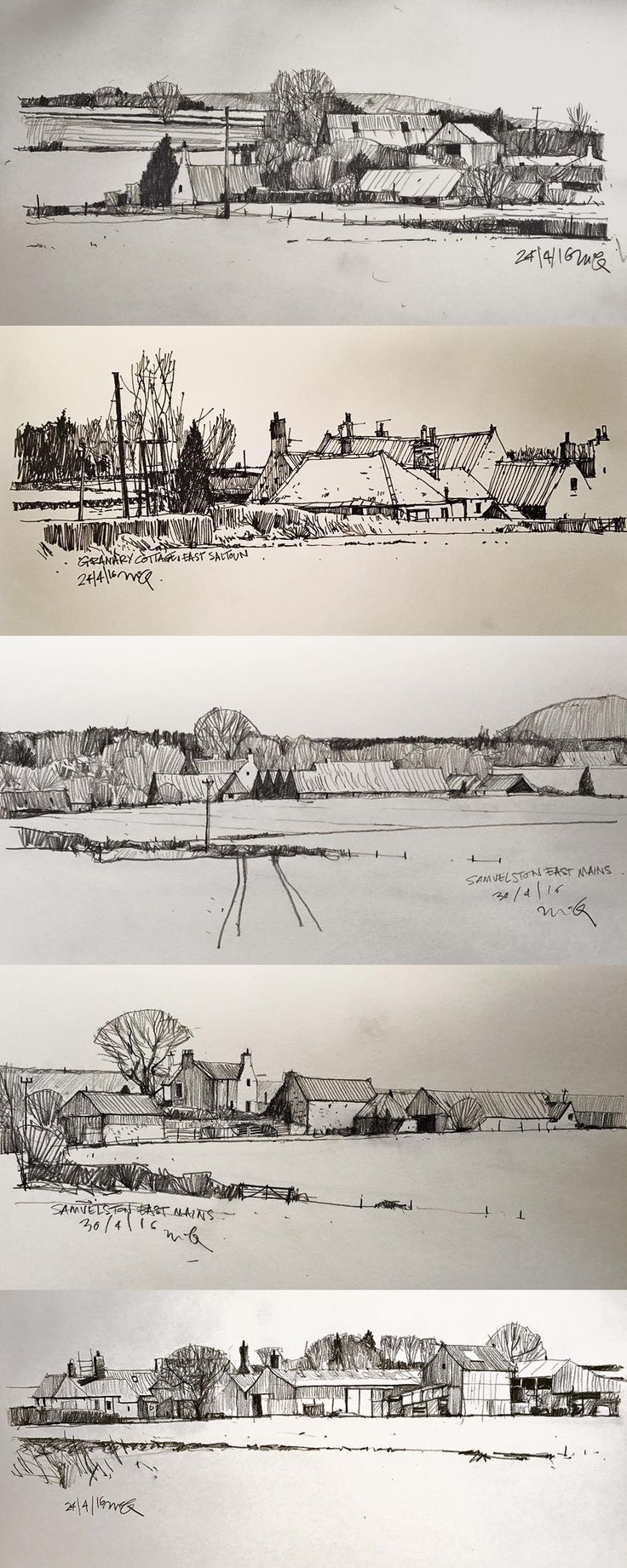 four different views of the landscape in black and white, each with an image of a farm