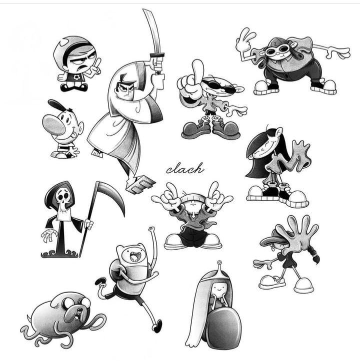 cartoon characters drawn in black and white ink