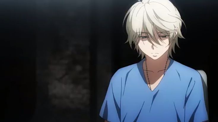 an anime character with white hair and blue shirt looking at something in the dark room