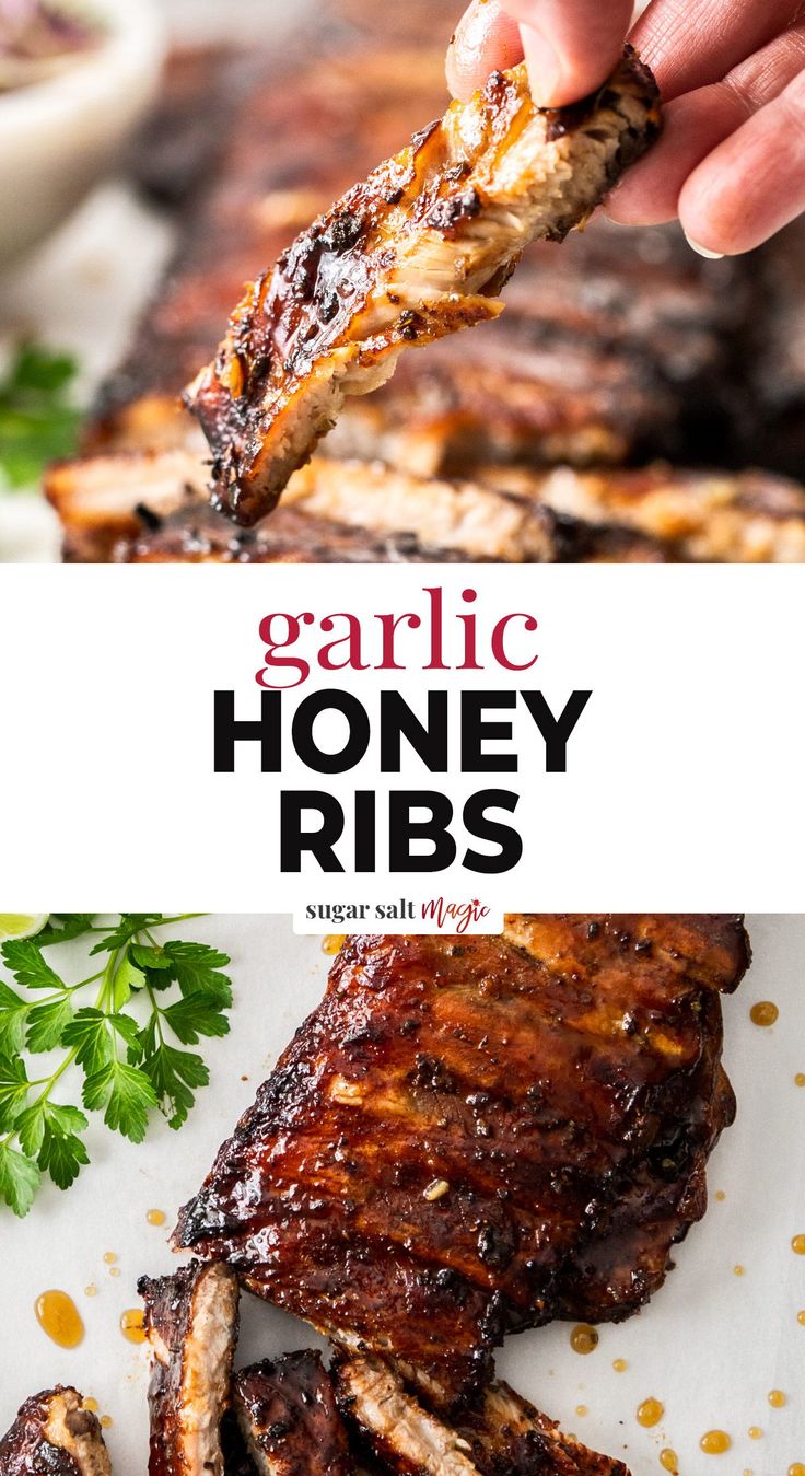 grilled honey ribs on a white plate with parsley garnish and garlic