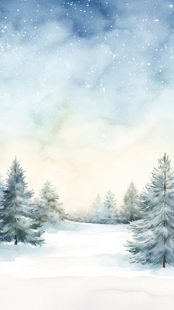 watercolor painting of snow covered pine trees in the foreground, with blue sky and stars above