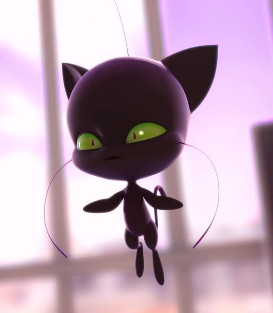 an animated black cat with green eyes hanging from a string in front of a window