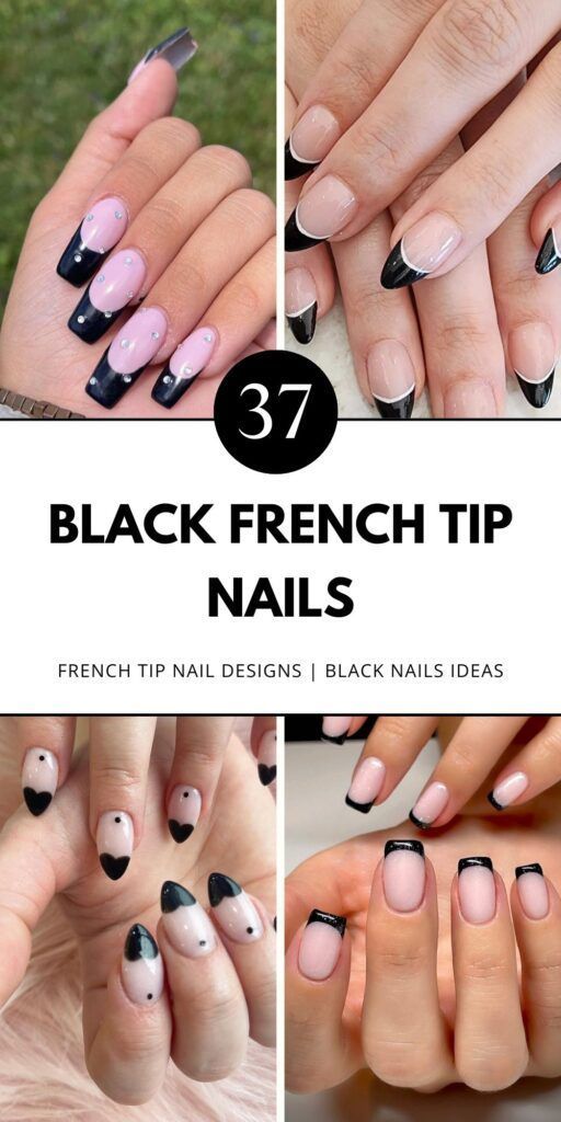 Discover chic black French tip designs with matte finishes for both short and long nails. Add rhinestones or glitter for that perfect sparkle. Save for your next nail idea! Black And Gold French Tip Nails, Short Black French Tip, Short Black French Tip Nails, Black French Tip Nails, Black French Nails, Black French Tip, Glitter French Tips, Black French Tips, French Tip Nail Designs