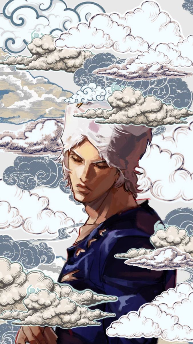 an anime character is standing in front of clouds