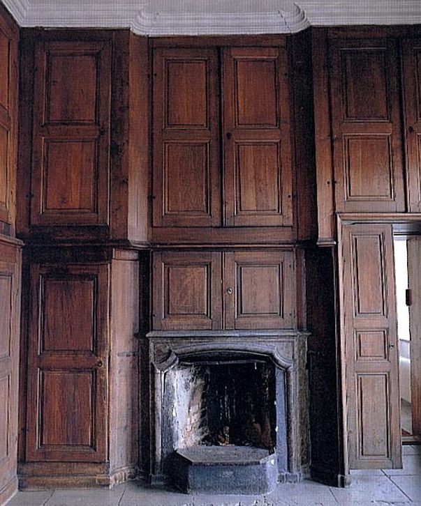 an empty room with wood paneling and a fire place