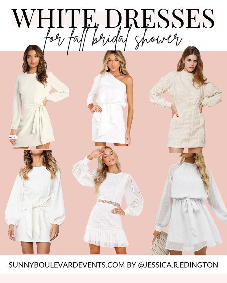 white dresses for fall and winter, with text overlaying the image above it