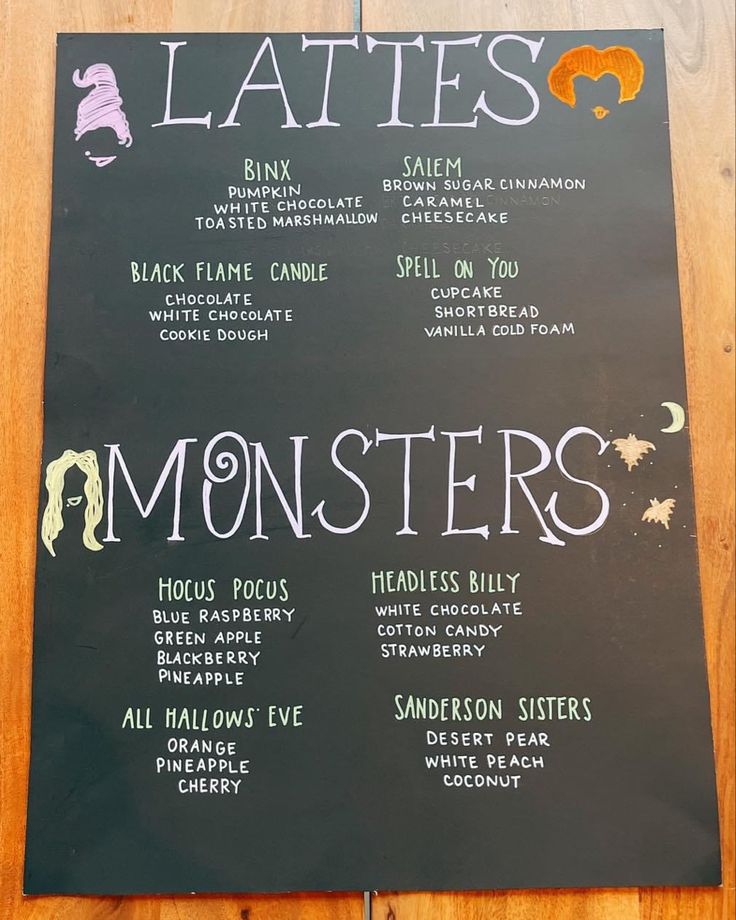 a blackboard sign with some writing on it that says lates and monsters written in white chalk