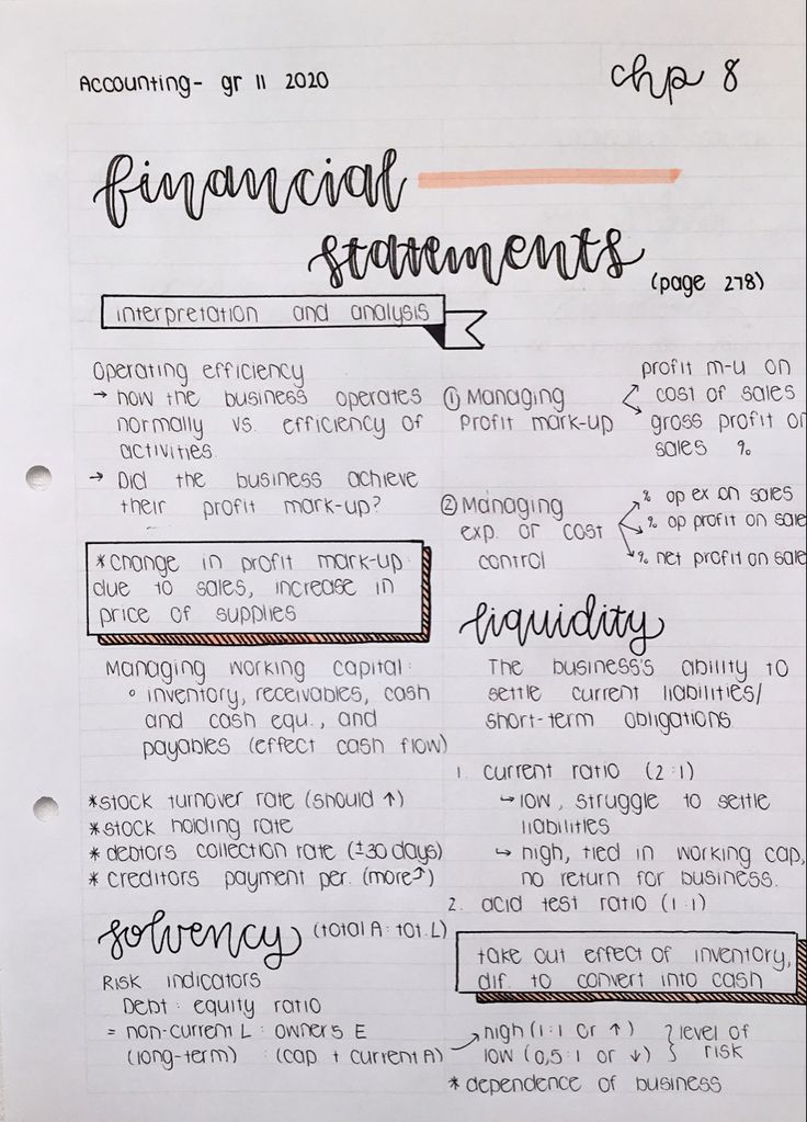 a piece of paper with writing on it that has financial statements written in cursive writing