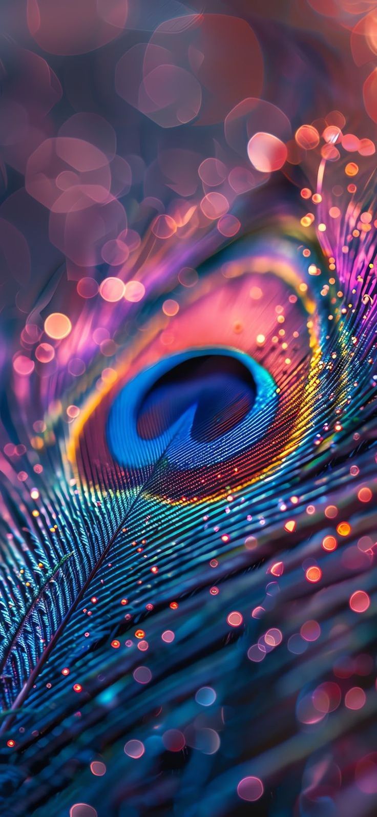 a close up view of a peacock's feathers tail with bright lights in the background