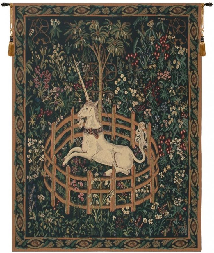 an image of a unicorn on a fence in the middle of flowers and trees with leaves