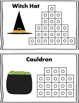 two matching worksheets for halloween themed math centers, each with an image of a witch's hat and cauldron