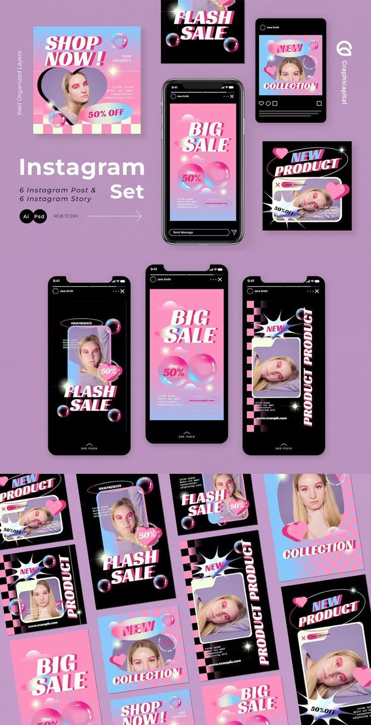 an advertisement for a hair salon with pink and blue colors on the front, two phone screens