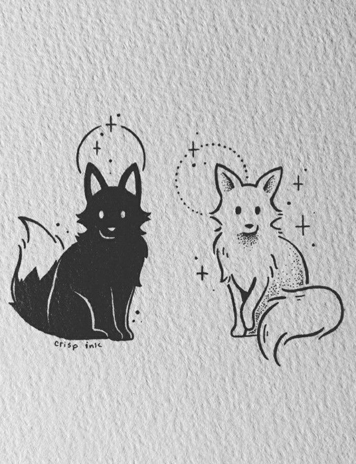 two black and white drawings of foxes on paper