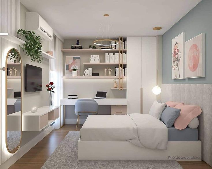 a bedroom with a bed, desk and shelves on the wall next to each other