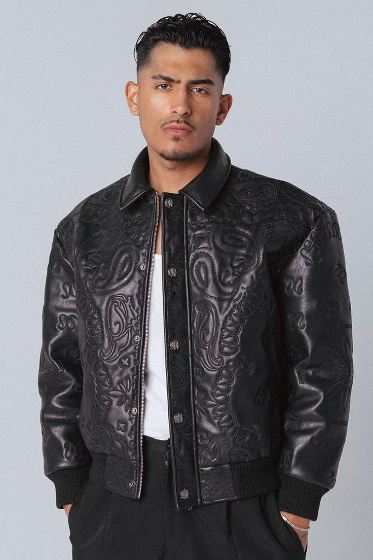 MENACE Makes a Statement With Paisley Leather Bombers Fashion Lookbook Layout, Embroidered Leather Jacket, Apparel Design Inspiration, Paisley Jacket, La Style, Quilted Clothes, Tokyo Street Style, High Street Fashion, Asian Street Style