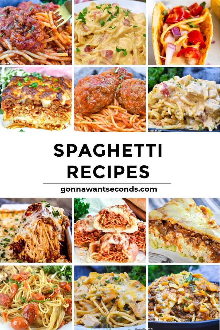 spaghetti and pasta collage with the words spaghetti recipes on it in multiple pictures above