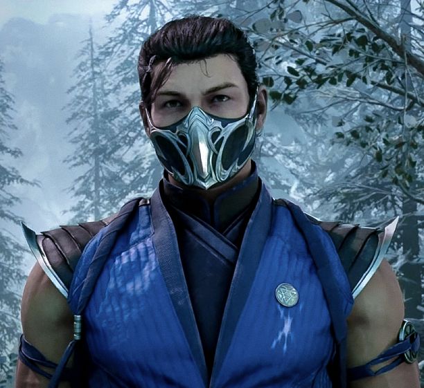 a man wearing a blue outfit and mask in front of snow - covered trees, looking at the camera