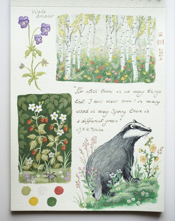 the badger is sitting in the grass with flowers and leaves on it's back