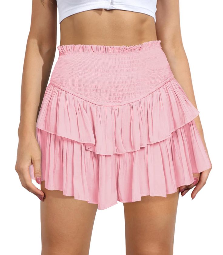 PRICES MAY VARY. 【Fabric】Womens Ruffle hem mini skirt is made of high-quality rayon fabric, soft and comfy, flowy and lightweight, skin-friendly and stretchly, makes you feeling well. 【Features】Shirred elastic high waist, stretchy smocked waistband, tiered ruffled layers, two-tiers of ruffles, flared flowy, fashion pleated hem, fully lined, inner lining, mini length, solid color, casual trendy style. This women's flowy skirt flows naturally when you walk and perfectly shows your charm. 【Occasion Pink Ruffle Skirt, Light Pink Skirt, Flowy Mini Skirt, Mini Pleated Skirt, Tiered Mini Skirt, Ruffle Mini Skirt, Beach Skirt, Mini Short, Hem Skirt