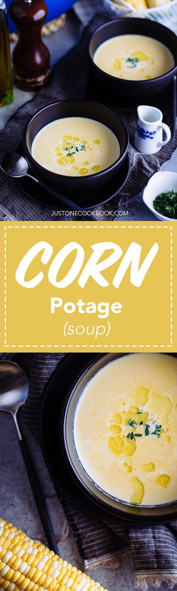 corn and potato soup in black bowls on a table with yellow lettering that reads corn potage soup