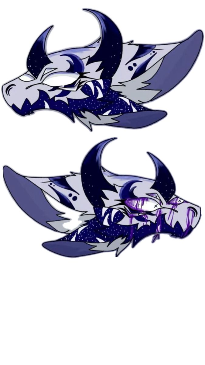 two blue and white dragon heads with purple eyes