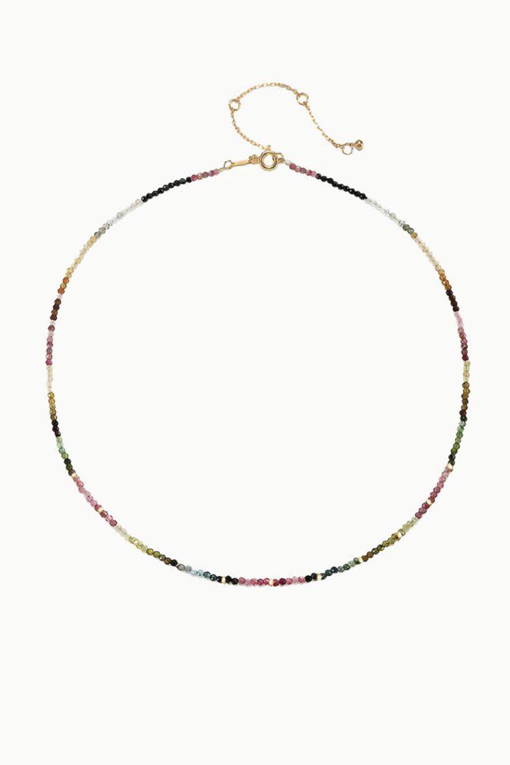 Classic and timeless, our Watermelon Tourmaline gemstone beads necklace makes it easy to show off your individual style, while adding a pop of color to your everyday look. Mix and match with other gemstone necklaces, chains and charms to stylize your own personalized look! Tourmaline: Calming, Cofidence, Grounding Necklace Length: 16" + 1" extender Gemstone Bead Size: 3 mm Cushion Cut Metal: Sterling Silver & 18K Gold Vermeil Dainty Multicolor Gemstone Bead Necklaces, Dainty Multicolor Gemstone Beaded Necklaces, Dainty Multicolor Gemstone Bead Necklace, Dainty Tourmaline Gemstone Beads Jewelry, Tourmaline Beaded Necklaces With Round Natural Stones, Tourmaline Necklace With Natural Stones And Round Beads, Everyday Multicolor Gemstone Beads Necklace, Tourmaline Single Strand Necklace With Round Beads, Bohemian Tourmaline Round Bead Necklaces