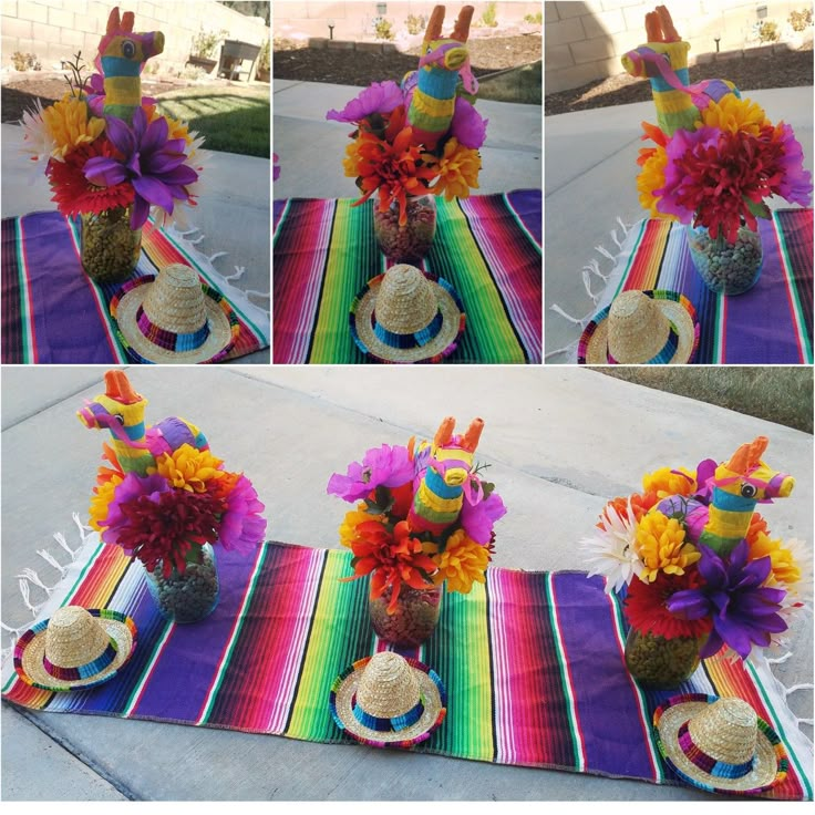 several pictures of different hats and flowers on a table with a rainbow striped cloth around them