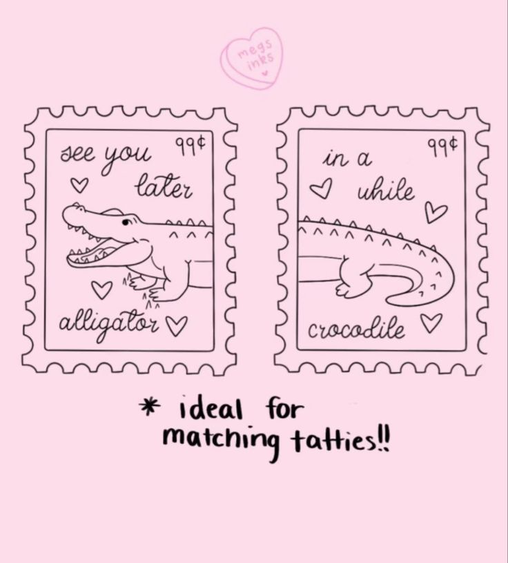 two postage stamps with the words ideal for matching tattoos on them and an image of a crocodile