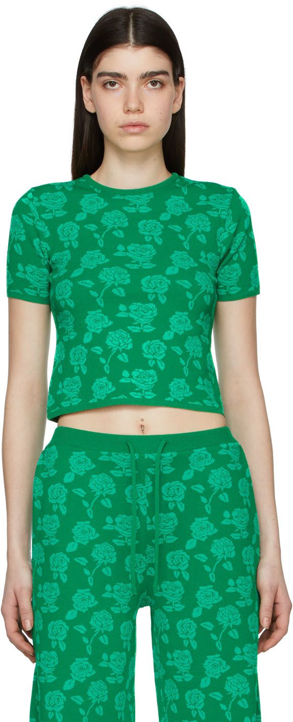 Knit polyester and rayon-blend T-shirt. · Floral pattern printed throughout · Rib knit crewneck, cuffs, and hem Supplier color: Green | pushBUTTON Green Polyester T-Shirt Green Pointelle Knit Casual Top, Green Cotton Pointelle Knit Top, Cotton Pointelle Knit Crew Neck T-shirt, Green Stretch Cropped T-shirt, Playful Green Cotton T-shirt, Floral Prints Pattern, Hem Top, Green Tshirt, Apparel Accessories