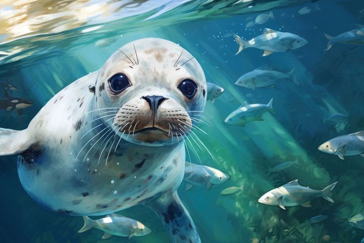 a painting of a seal in the water surrounded by fish