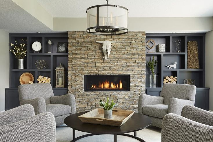 a living room filled with furniture and a fire place in the middle of it's wall