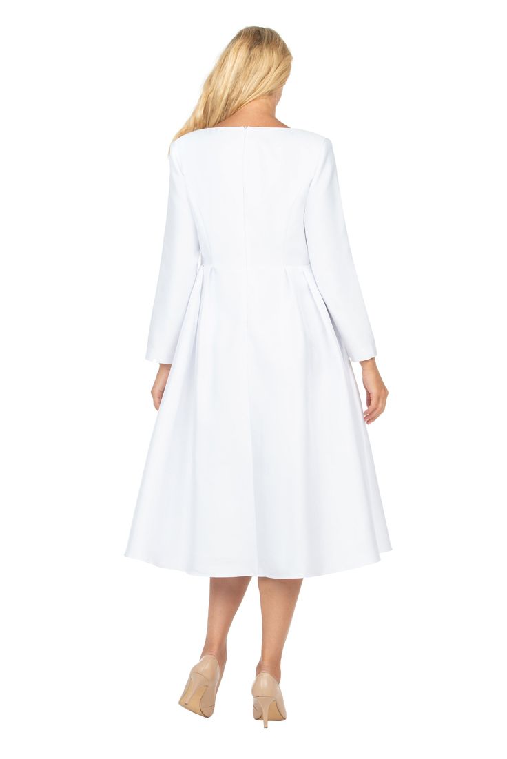 Giovanna D1567 1 piece Silky Twill V-neck A-line Dress w/ Brooch Colors: White Sizes: 8, 10, 12, 14, 14W, 16, 16W, 18, 18W, 20W, 22W, 24W, 26W, 28W Diva Den, A Line Dress, Diva, 1 Piece, A Line, V Neck, White, Color