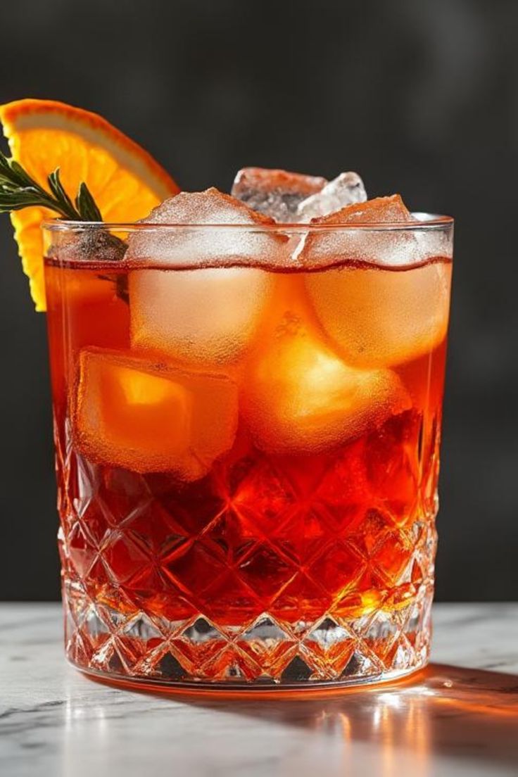 a glass filled with ice and orange slices