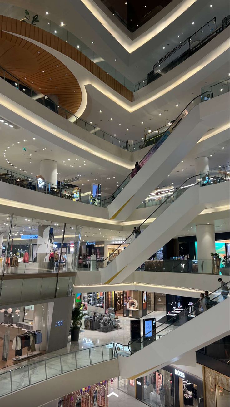 the inside of a shopping mall with multiple floors