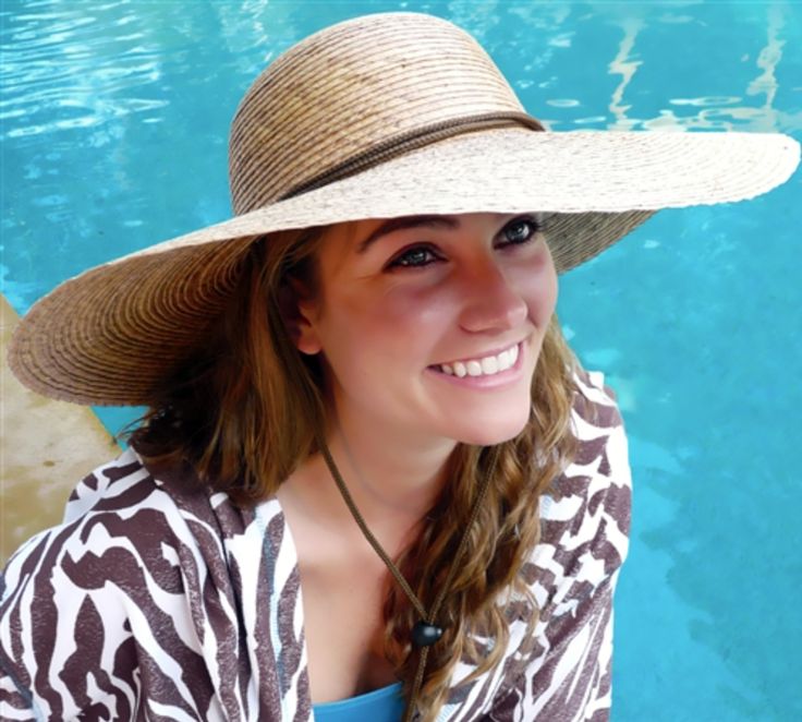 One size (22' or hat size 7) Approx. 5-5 1/2" brim Nylon Chin Strap w/plastic bead Grosgrain sweatband Hand-woven palm UPF 50+ Beachy Straw Hat For Travel, Lightweight Beachwear Sun Hat For Poolside, Vacation Pool Straw Hat In Toquilla, Vacation Poolside Toquilla Straw Hat, Upf 50+ Sun Hat For Sunbathing, Upf 50+ Fedora Sun Hat For Beachwear, Beachwear Hat With Upf 50+ For Sunbathing, Beachwear Fedora Sun Hat With Upf 50+, Brimmed Beachwear Hat For Travel