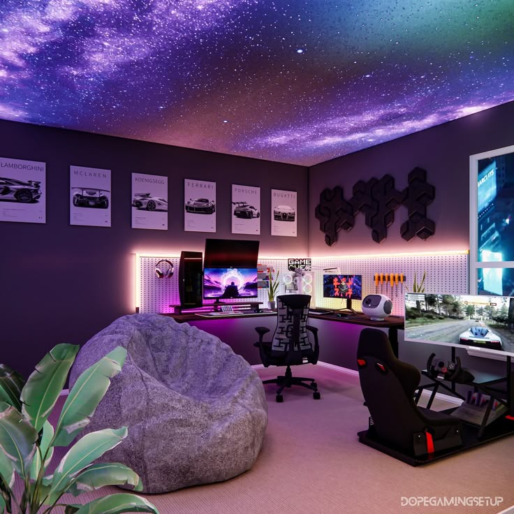 a room filled with lots of furniture under a purple sky covered in stars and planets