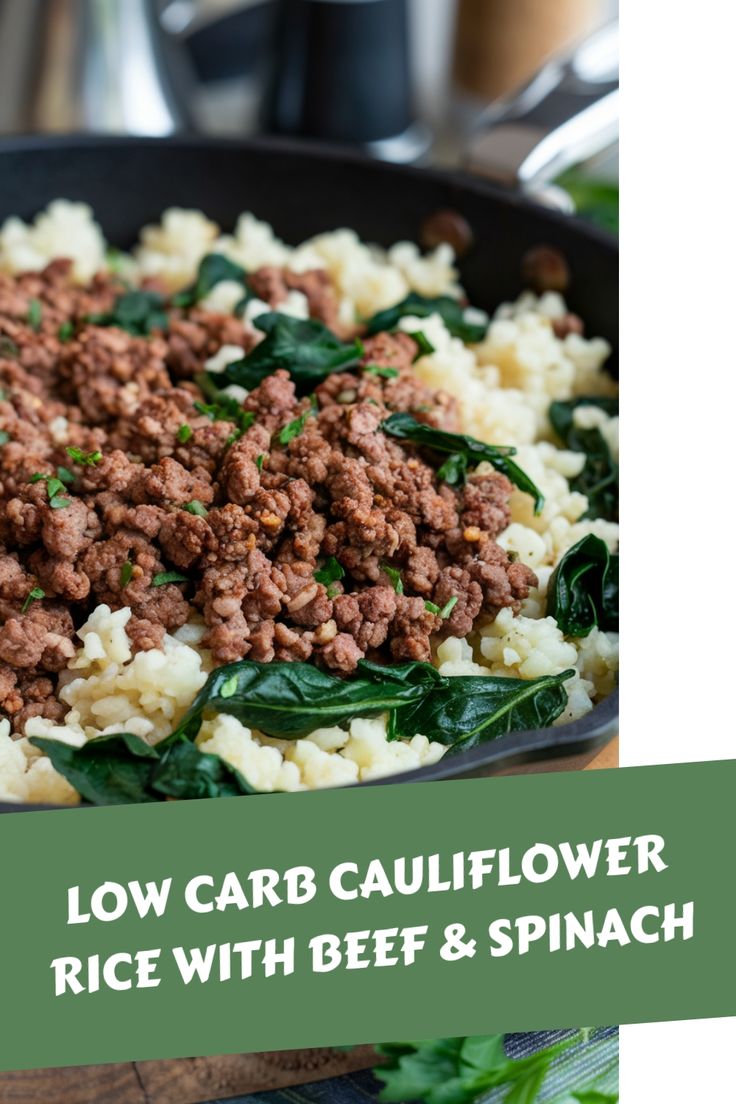 Low carb cauliflower rice topped with cooked beef and spinach, garnished with parsley. Riced Cauliflower Recipes Keto, Beef And Cauliflower Rice, Beef Cauliflower Rice, Rice With Spinach, Rice And Spinach, Beef Cauliflower, Cauliflower Rice Bowl, Quick And Easy Keto Recipes, Buffalo Chicken Lettuce Wraps