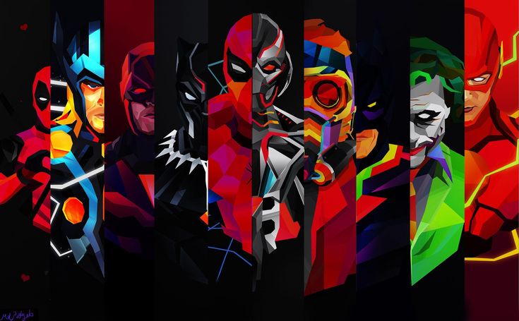 an image of batman and the jokers in different color combinations on black background with red, green, blue, yellow, orange