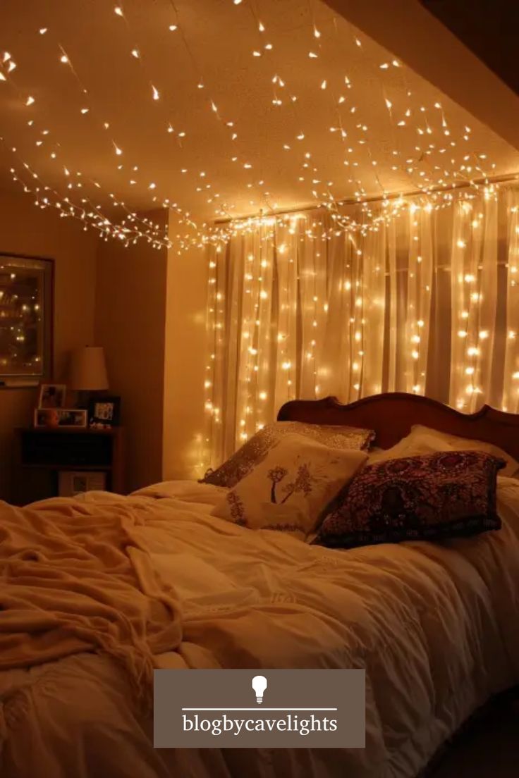 a bed that has some lights on the ceiling above it and pillows in front of them