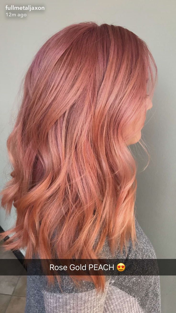 Strawberry Peach Hair Color, Peachy Rose Gold Hair, Copper Pink Balayage, Peach Coloured Hair, Rose Peach Hair, Rose Gold Peach Hair, Peach Toned Hair, Peach Pumpkin Hair Color, Coral Hair Color Peaches