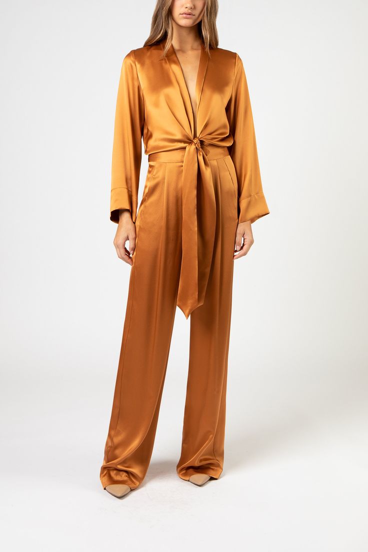 Silk satin wide leg pant with front hook and zipper closure. Featuring front pleats and side pockets. Made in USA Composition: 100% silk Silky Pants Outfit, Cake Makeover, Silk Pants Outfit, Friday Fashion, Silky Pants, Orange Copper, Kimono Blouse, Lemon Dress, Silk Suit