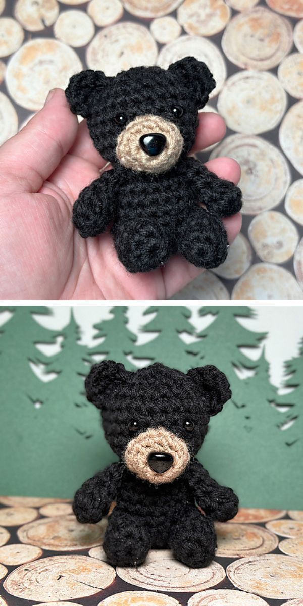 there is a small black crocheted teddy bear on the left and right side