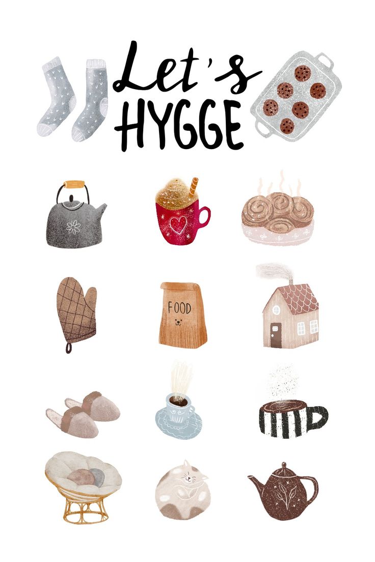 the words let's hygge are written in black and white