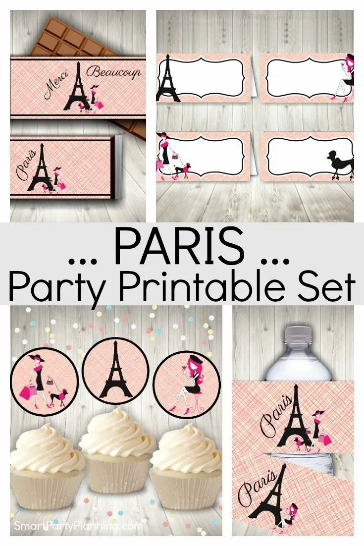 the paris party printable set includes cupcakes, cake toppers and place cards