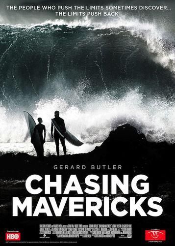 a movie poster for chasing mavericks with two surfers in the background