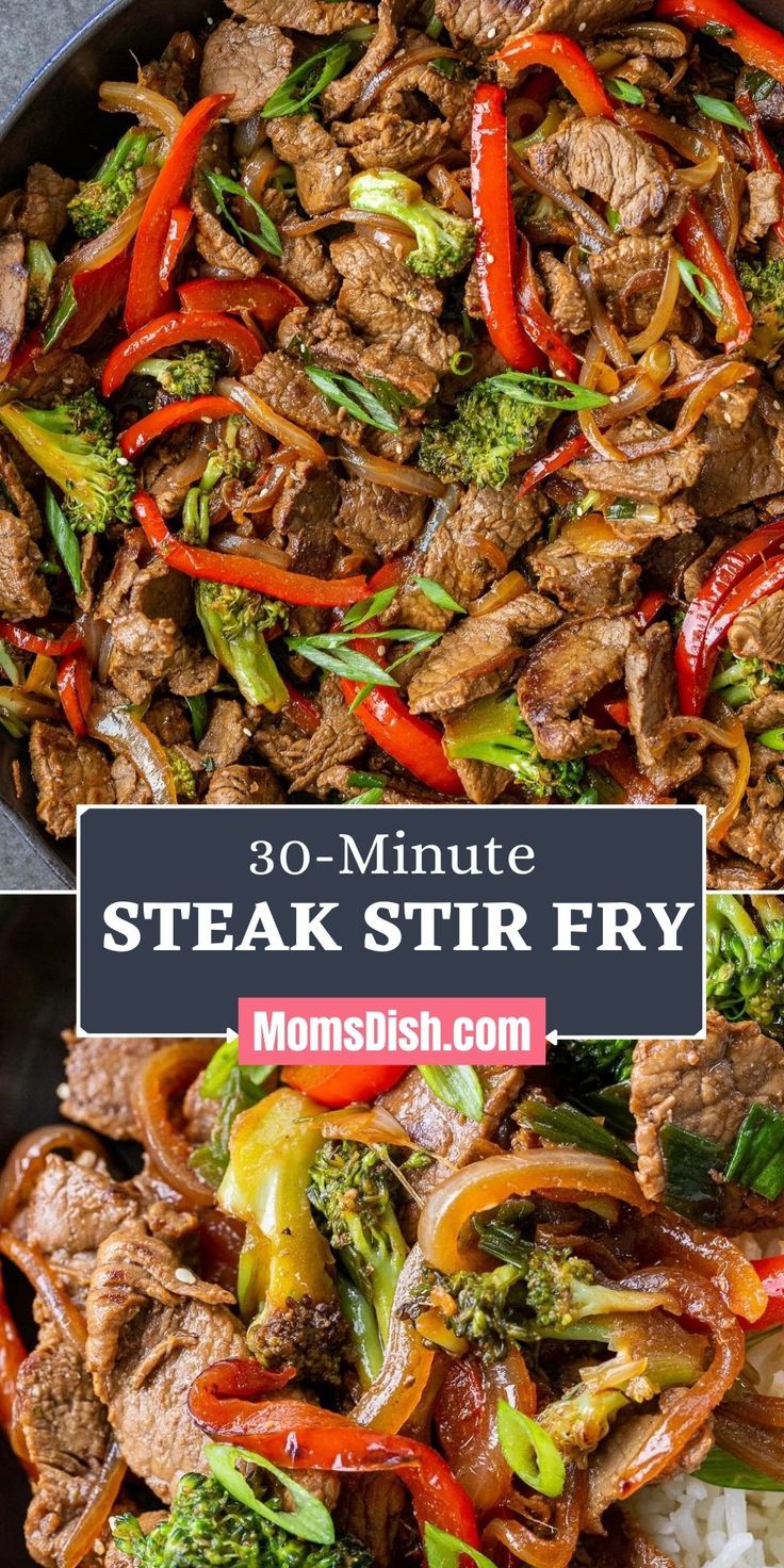 steak stir fry in a skillet with broccoli and peppers