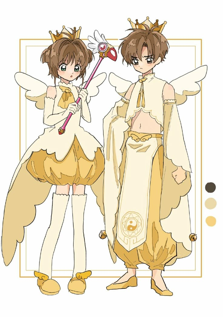 two anime characters dressed in costumes with wings and holding swords, standing next to each other